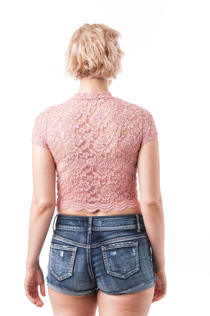 Download Short Sleeve Mock Neck Lace Mesh Crop Top - Khanomak