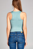 Women's Round Neck Smocked Detail Lettuce Hem Cropped Tank Top