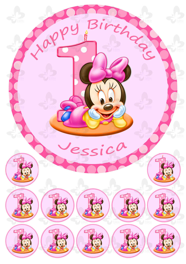 Minnie Mouse 1st Birthday Personalised Edible Cake Topper Plus 12