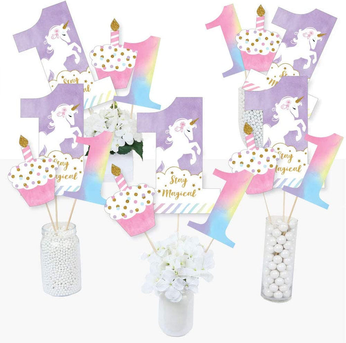 1st Birthday Rainbow Unicorn - Magical Unicorn First Birthday Party Centerpiece Sticks - Table Toppers - Set of 15