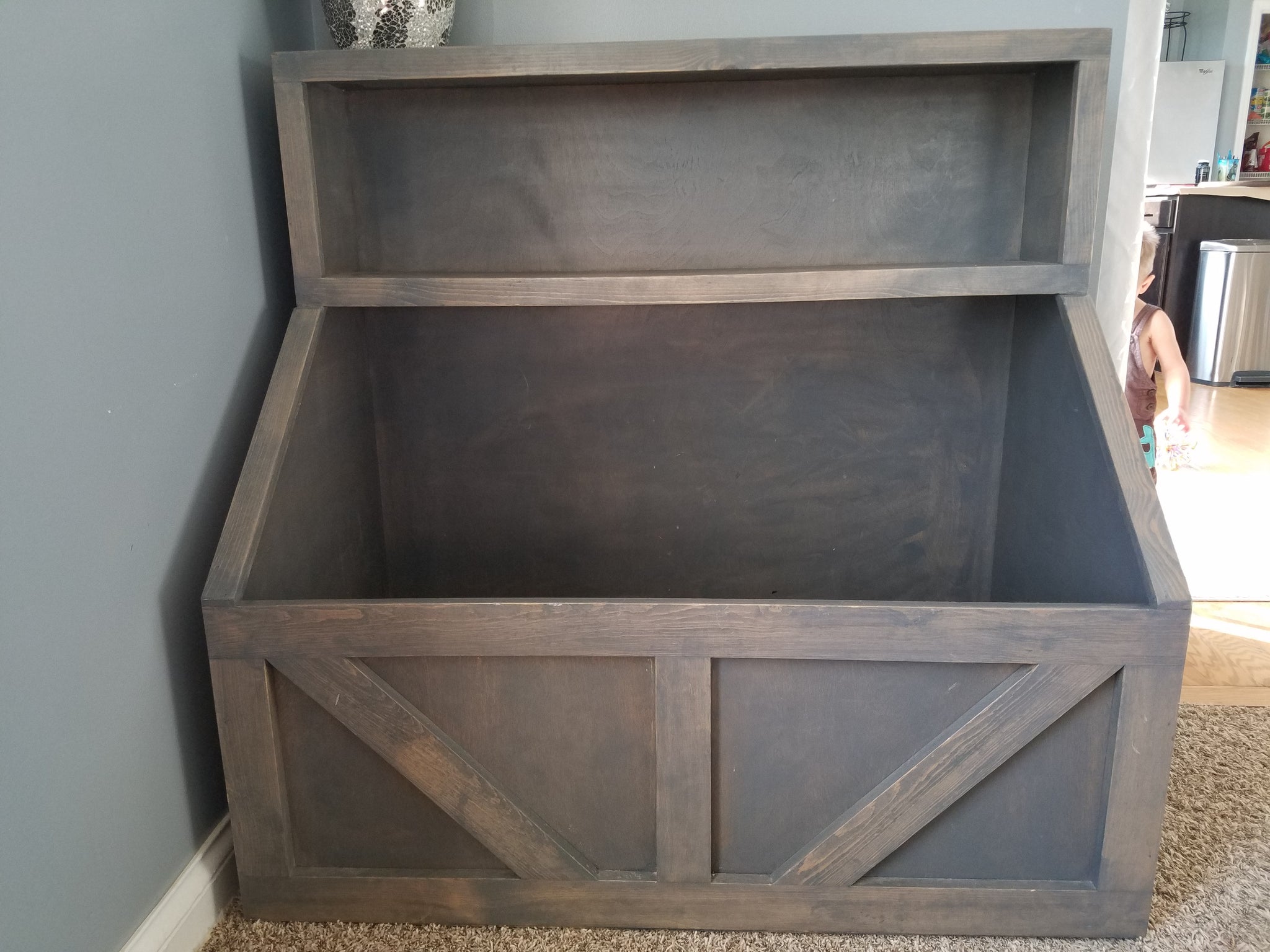 wooden toy chest with shelves