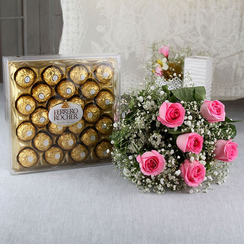 Ramo de flores rosadas con chocolates ferrero – El Regalador Ecuador