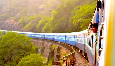 Train in India with a passenger looking out the window.