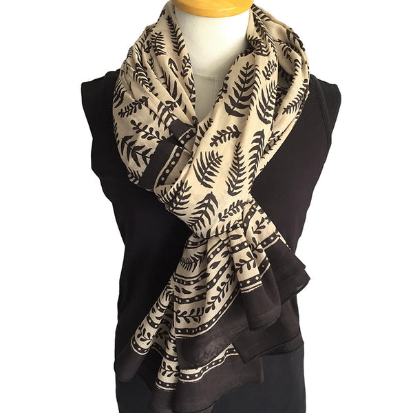 White & Black Cotton Stole | Scarf with Block printed Indian Floral & Leaf  Design
