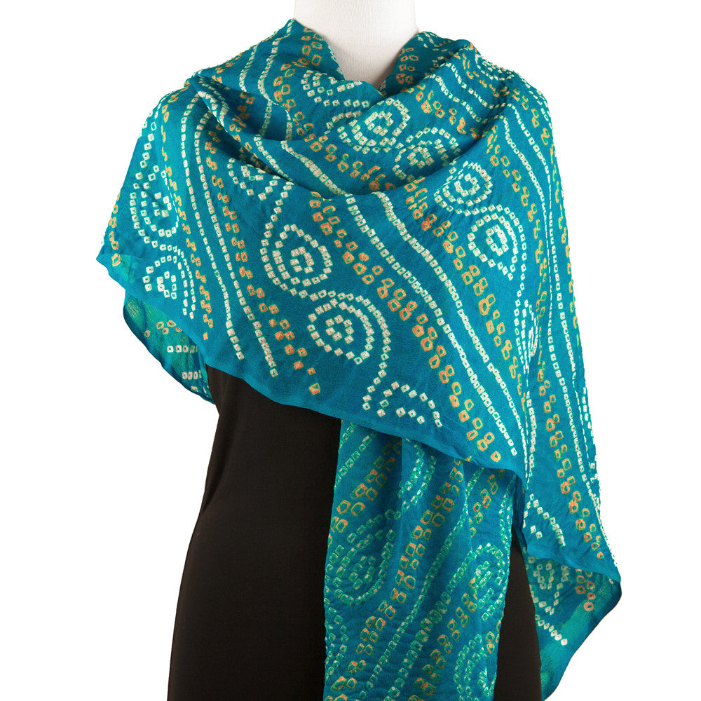 Indian Bandhani Silk Scarf - Aqua, White and Gold - Pallu Design