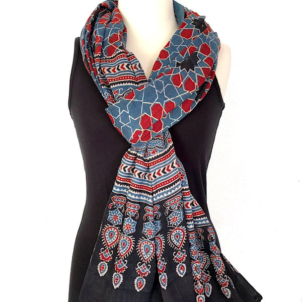 Ajrakh Print Scarf with Floral Motifs • Vritti Designs