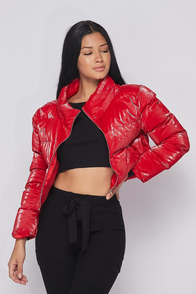 cropped vinyl puffer jacket