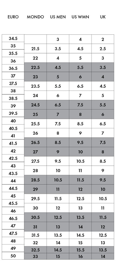 Shoe Size Chart Mm