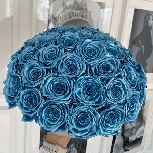 Exclusive Metallic Blue Roses in Cement Pot