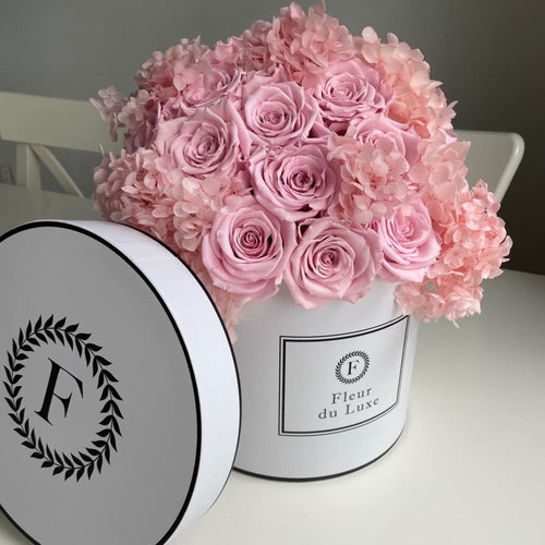 ROUND BOX Hydrangea + Roses in a Dome