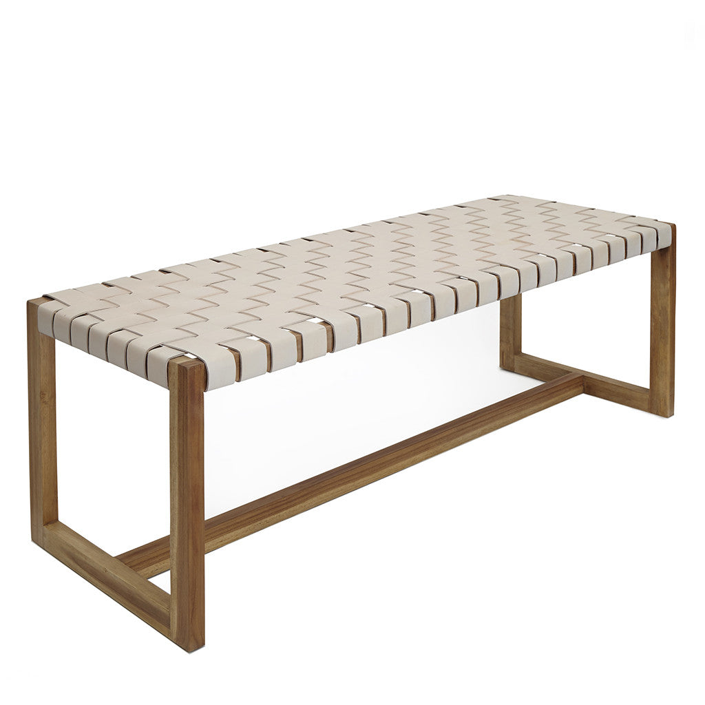 Woven Leather & Teak Bench – The Grey House