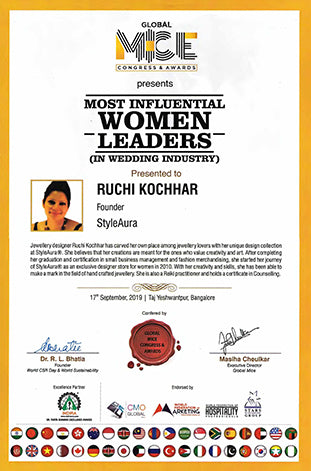 StyleAura - Ruchi Kochhar receives CMO Digital Award Sep 2019 Most Influencial Woman Leader in Wedding Industry Certificate