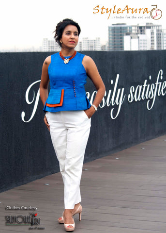 StyleAura Image – Gurmeet in peplum blue top with white pants 2