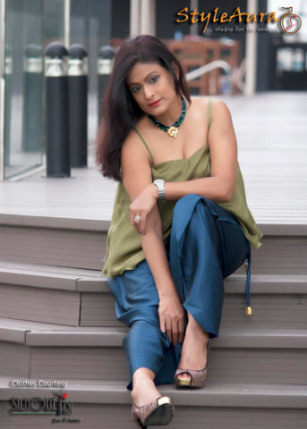 StyleAura Image – Shubha with dhoti pants and olive green top 2