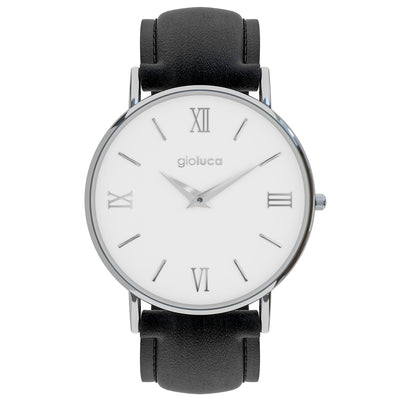 black leather watch white face