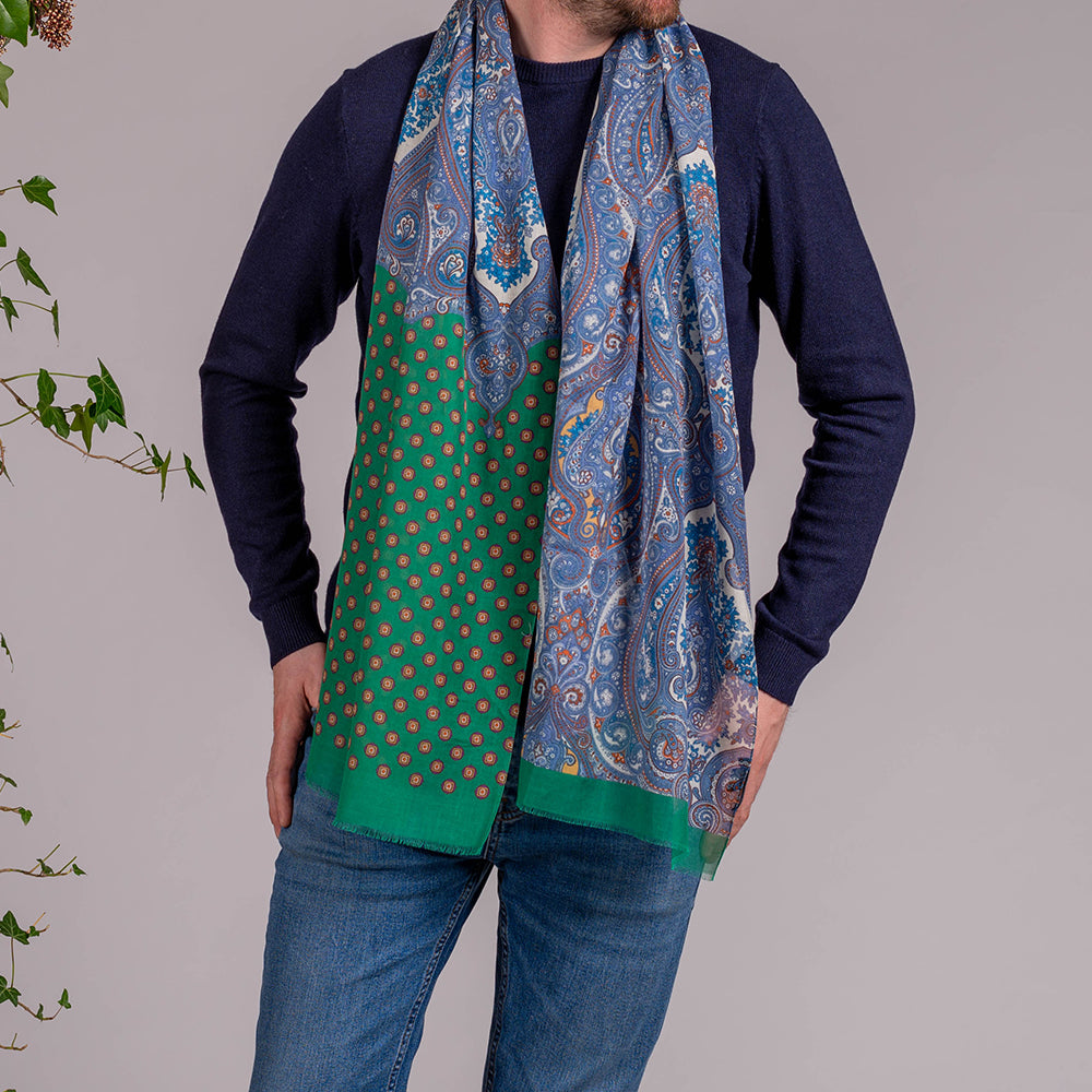 Mens Silk Scarf in Blue with Retro Print Design