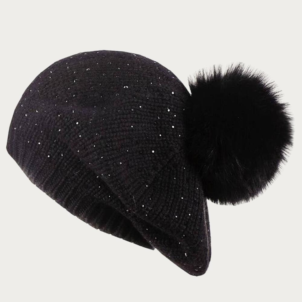 Black Crystal Cashmere Beret with Fur Pom Pom