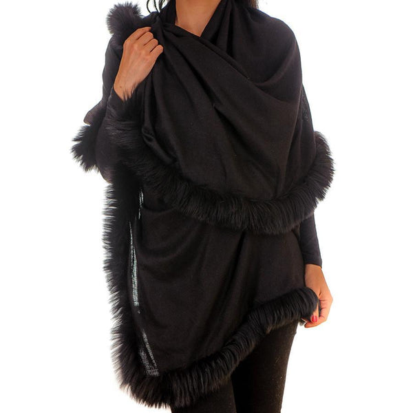 Ladies' Fur Trimmed Black Cashmere Shawl – Black.co.uk