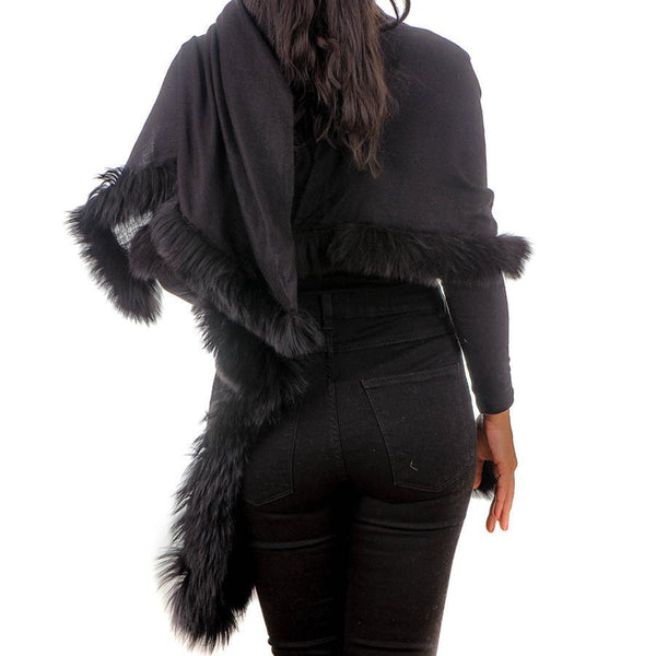 Ladies' Fur Trimmed Black Cashmere Shawl – Black.co.uk