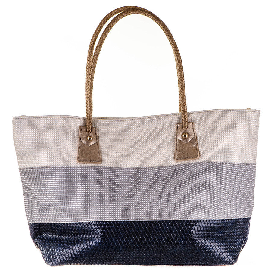 Blue, Grey and Cream Striped Cotton Beach Bag – Black.co.uk