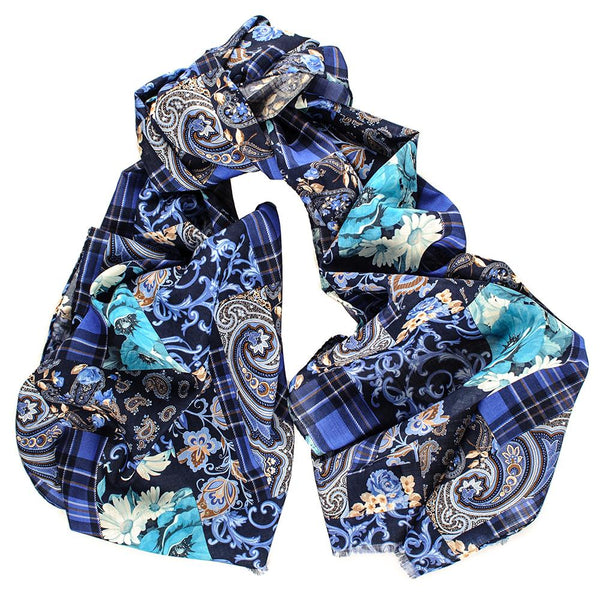 Lesina Blue on Blue Patchwork Italian Wool Scarf