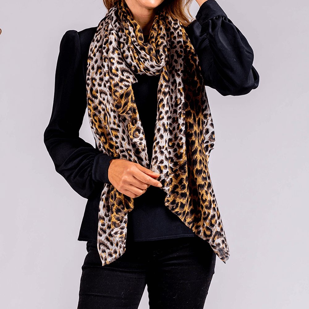 Brown Leopard Print Cashmere and Silk Scarf