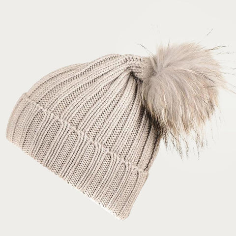 Charcoal Grey Pure Cashmere Fur Pom Pom Cable Knit Beanie Hat