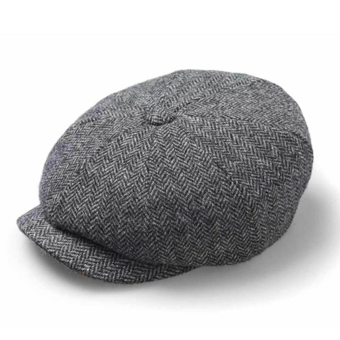 Grey Herringbone Baker Boy Tweed Cap