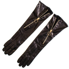Long Black Leather Gloves with Diagonal Zip