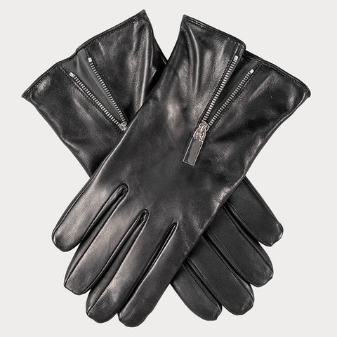 Black Leather Gloves with Zip Detail - Cashmere Lined