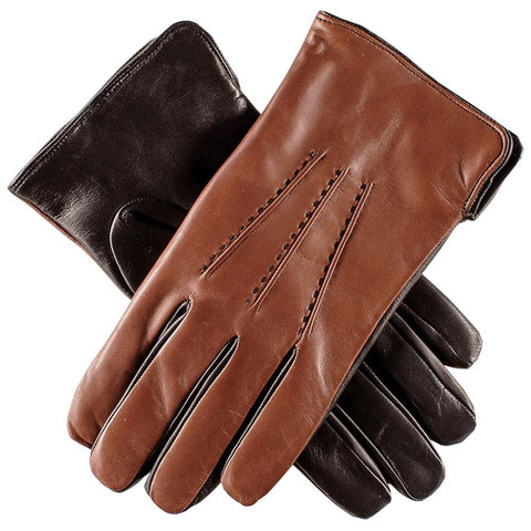 Men’s Tobacco and Black Leather Gloves - Cashmere Lined