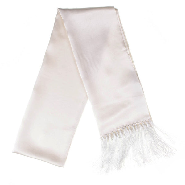 White Double Faced Silk Satin Scarf with Hand Knotted Tassels