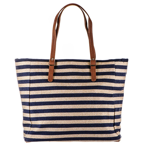 Navy and Gold Striped Canvas Beach Bag
