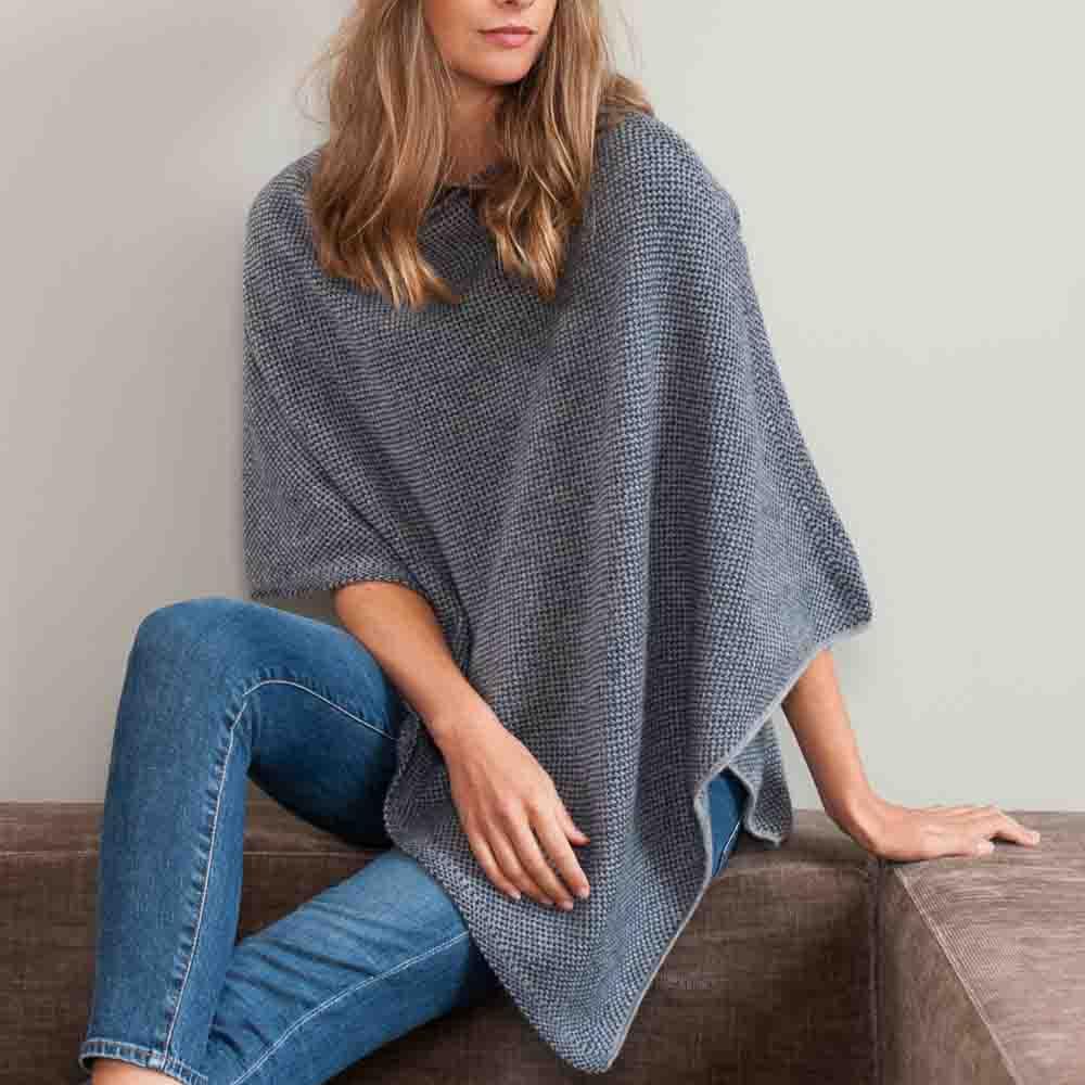 Navy and Grey Knitted Cashmere Poncho