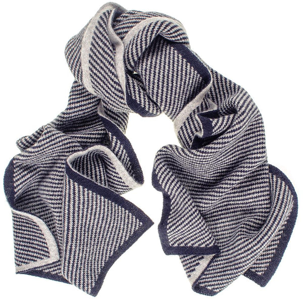 Marine Navy and Grey Diagonal Stripe Cashmere Scarf