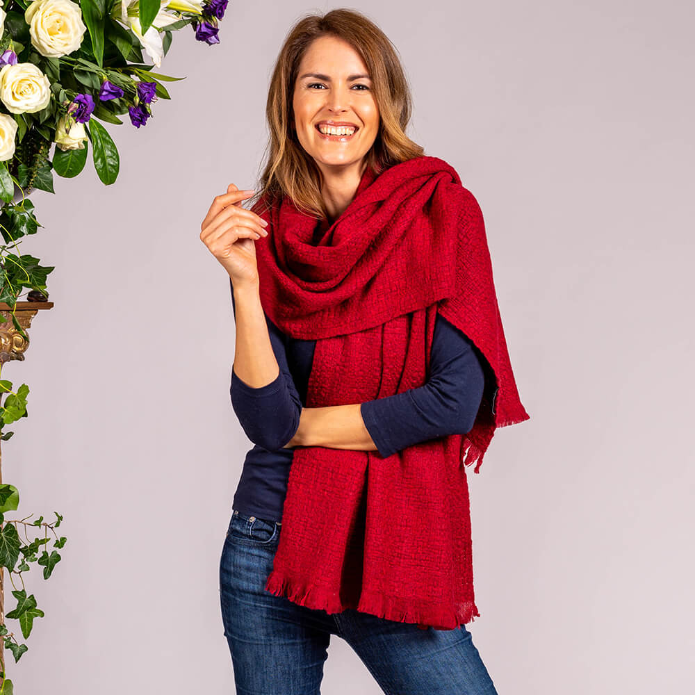 Super Luxe Ruby Red Basket Weave Cashmere Shawl