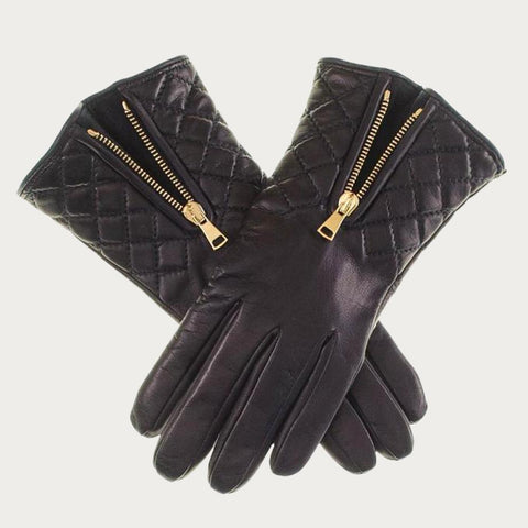 Navy Leather Quilted Gloves with Cashmere Lining