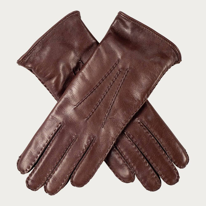 Ladies Brown Hand Stitched Italian Leather Gloves - Cashmere Lined