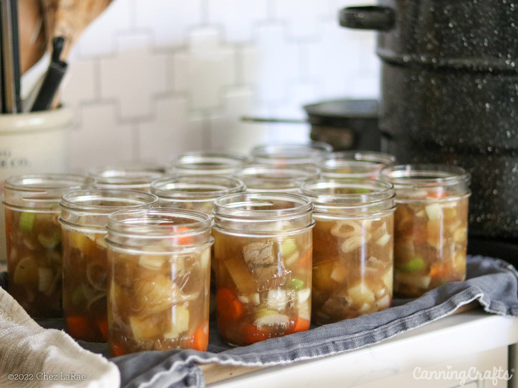 Prepared Mason Jars for Beef Stew with Vegetables Pressure Canning Recipe | CanningCrafts.com
