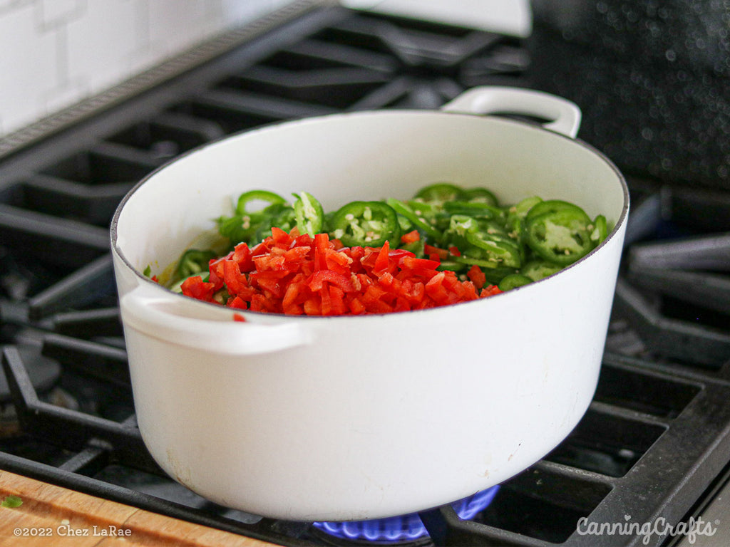 Peppers in Pot for Candied Jalapeños Canning Recipe | CanningCrafts.com