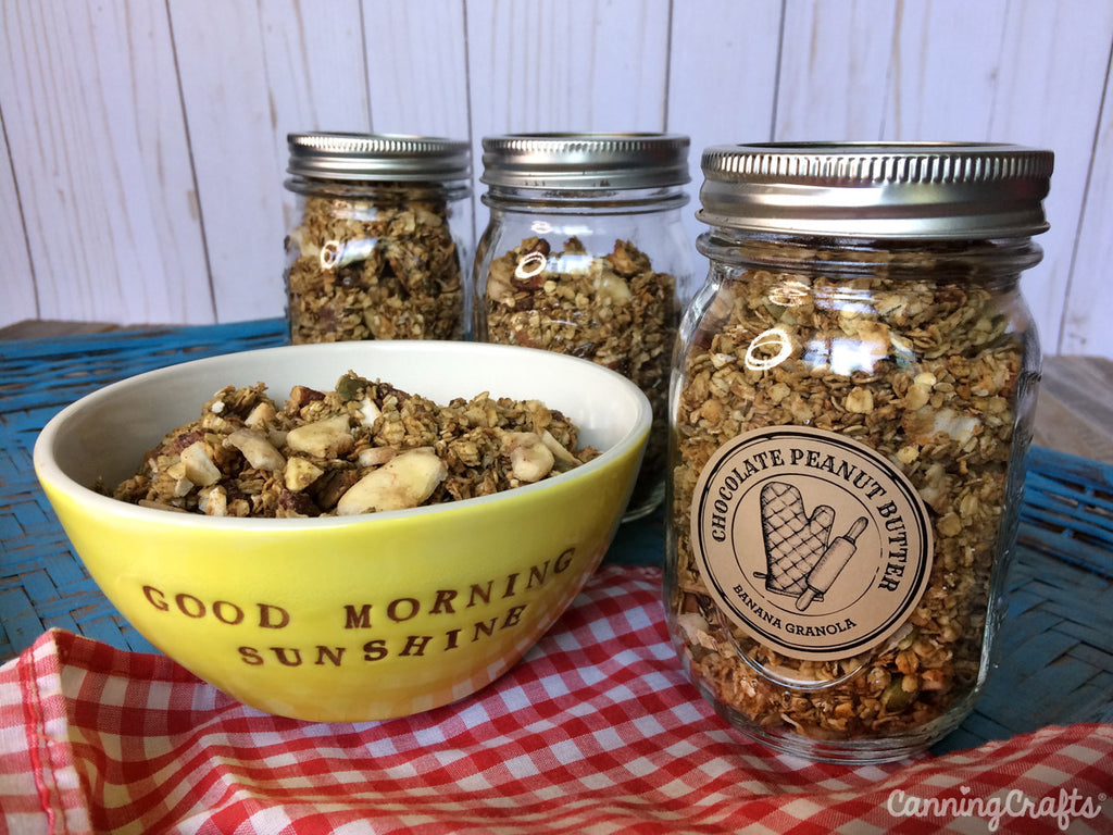 Chocolate Peanut Butter Banana Granola Jars with Custom Apothecary Canning Labels | CanningCrafts.com