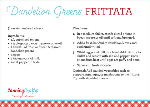 Dandelion greens egg frittata recipe card | CanningCrafts.com