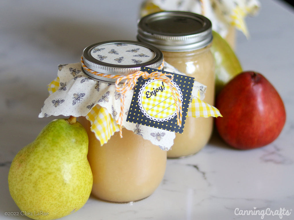 Honey Pear Jam Canning Recipe with Fabric Jam Jar Decorations | CanningCrafts.com