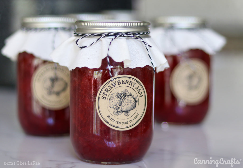 Strawberry Jam Canning Recipe with custom mason jar labels | CanningCrafts.com