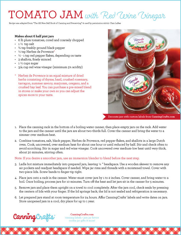 Tomato Jam with Red Wine Vinegar Canning Recipe Card | CanningCrafts.com