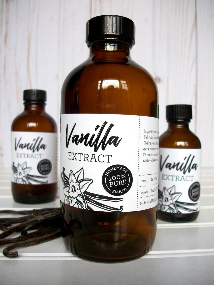 custom black white vanilla extract rectangle bottle labels