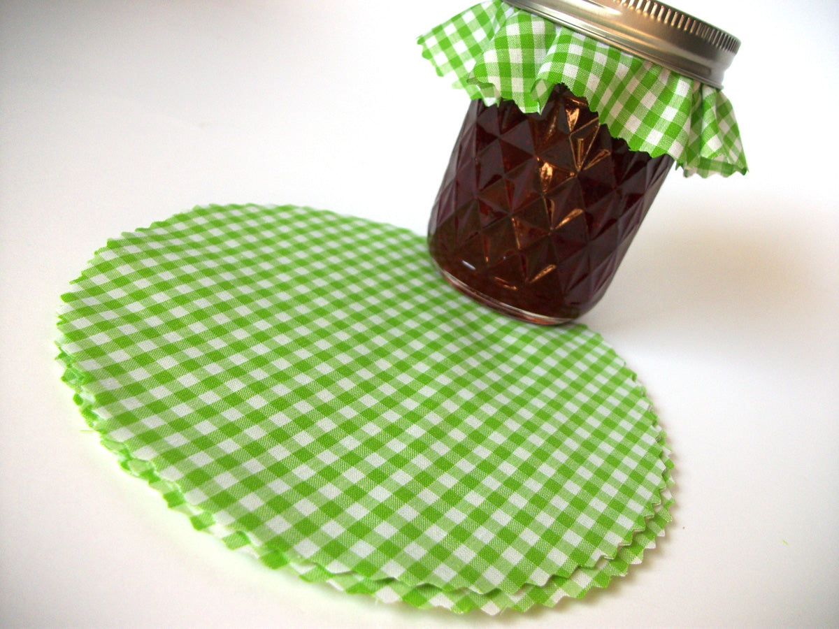 12 Green Gingham Jam Jar Covers for home preserved jam & jelly jars