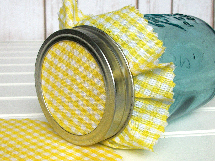 Download 12 Yellow Gingham Jam Jar Covers for wedding & baby shower favors - CanningCrafts