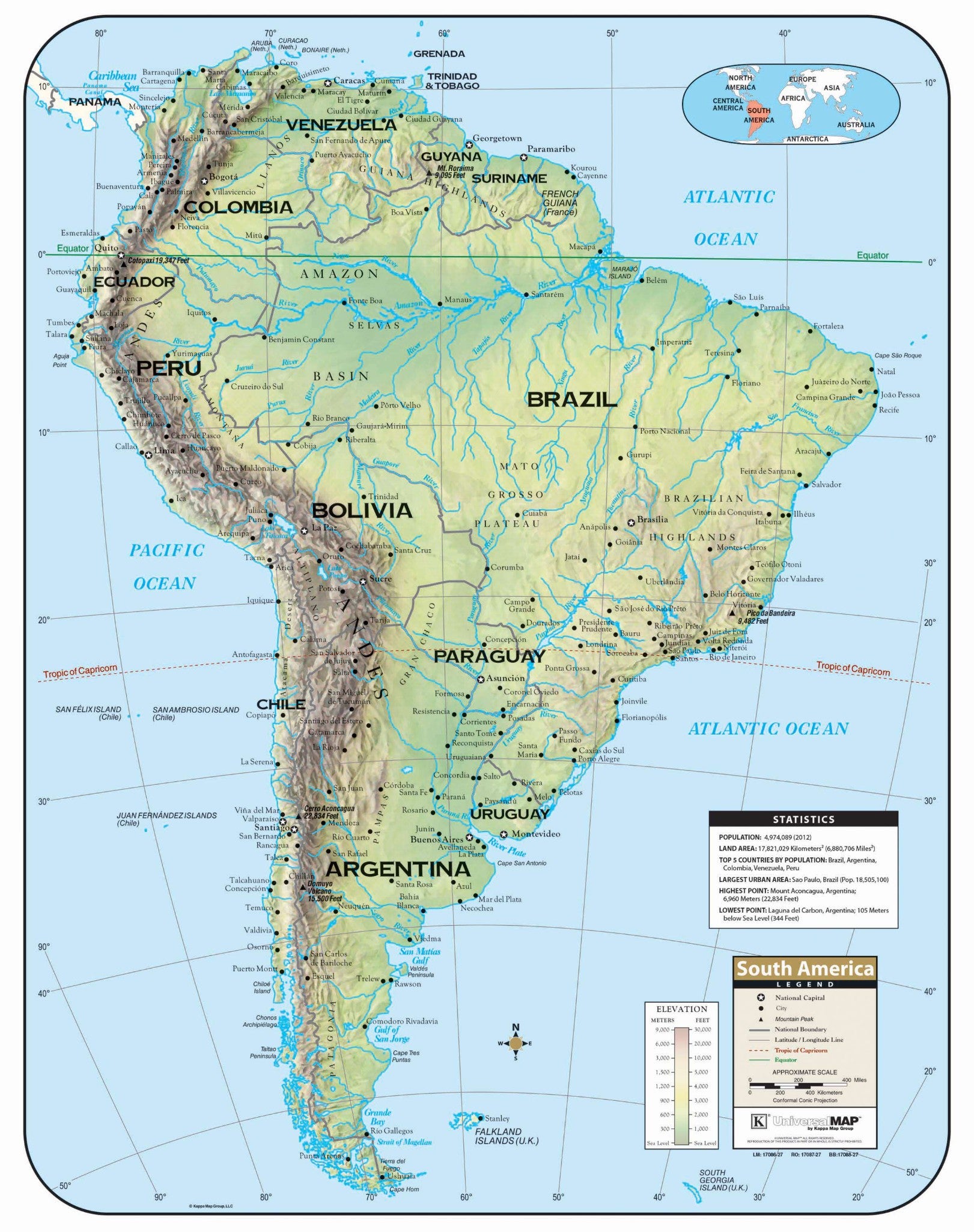 South America Large Scale Shaded Relief Wall Map