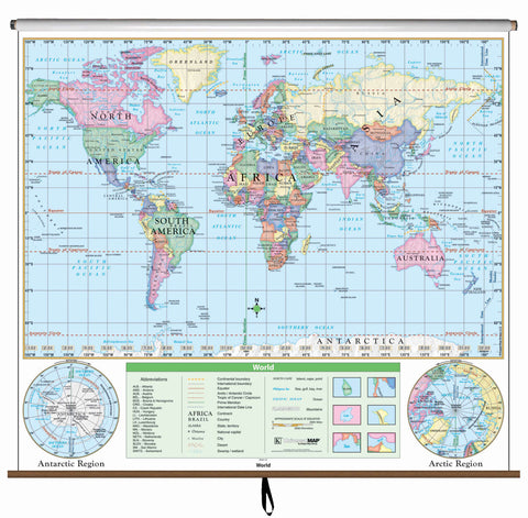 US/World Essential Combo Classroom Pull Down Wall Map